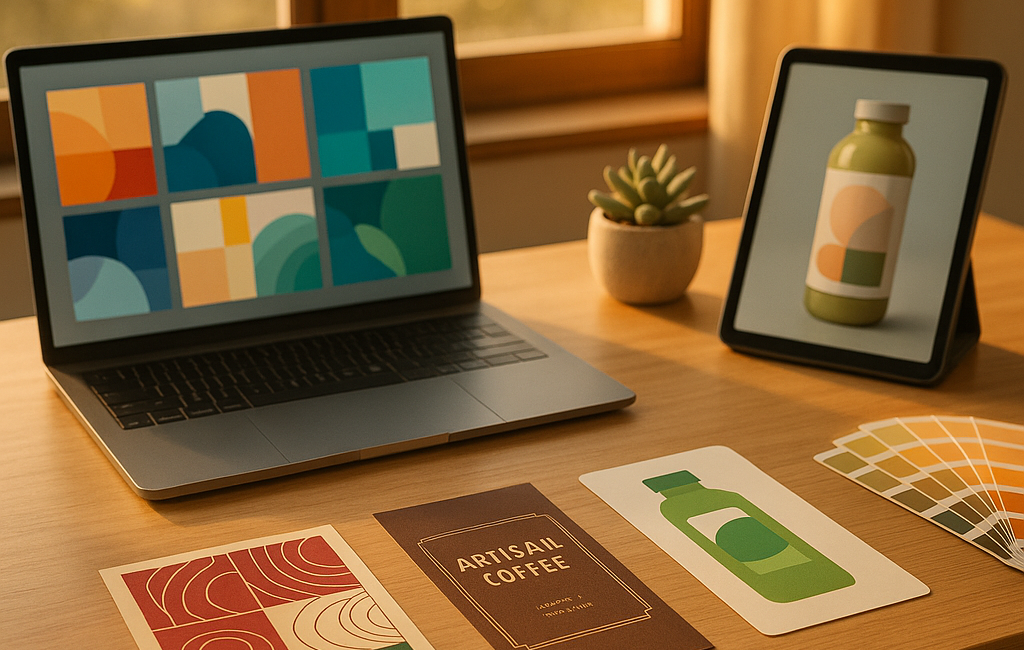 Brand designer workspace with AI design interface, Pantone swatches, and printed food product labels