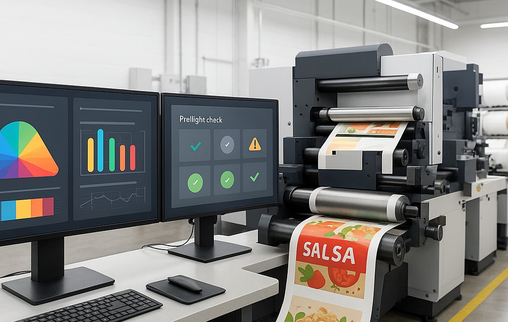 White Graphics prepress workstation with color management software and digital label press producing food product labels