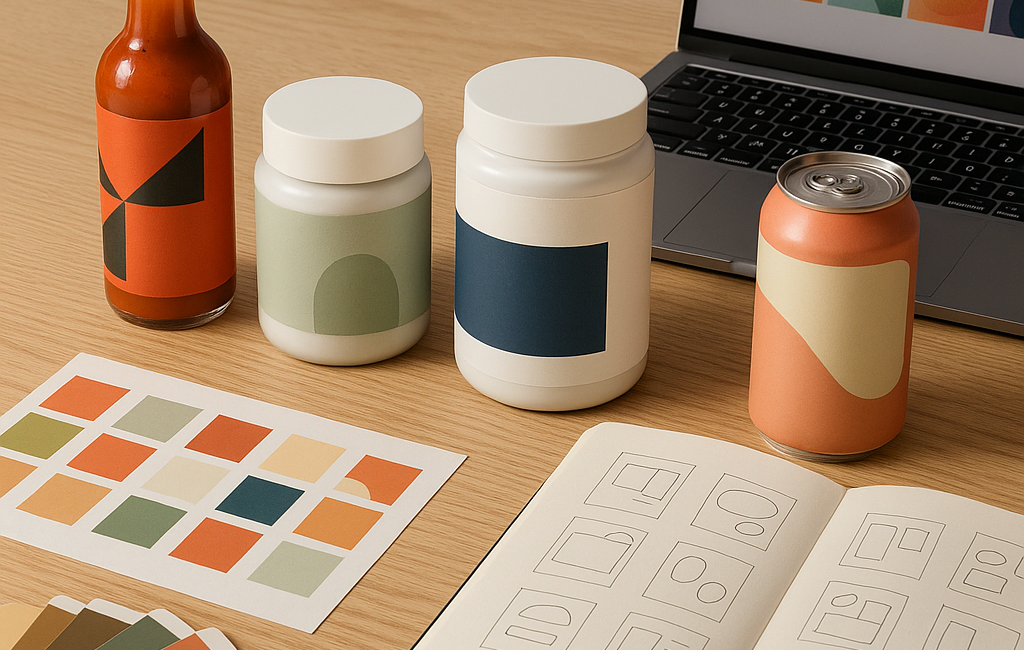 CPG brand design team workspace with a family of printed product mockups, sketchbook, and AI moodboard on laptop