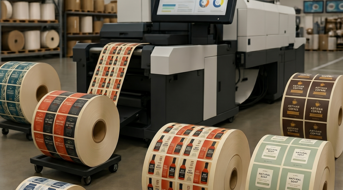 Finished pressure-sensitive label rolls in a short-run digital label printing facility with AI job-monitoring dashboard