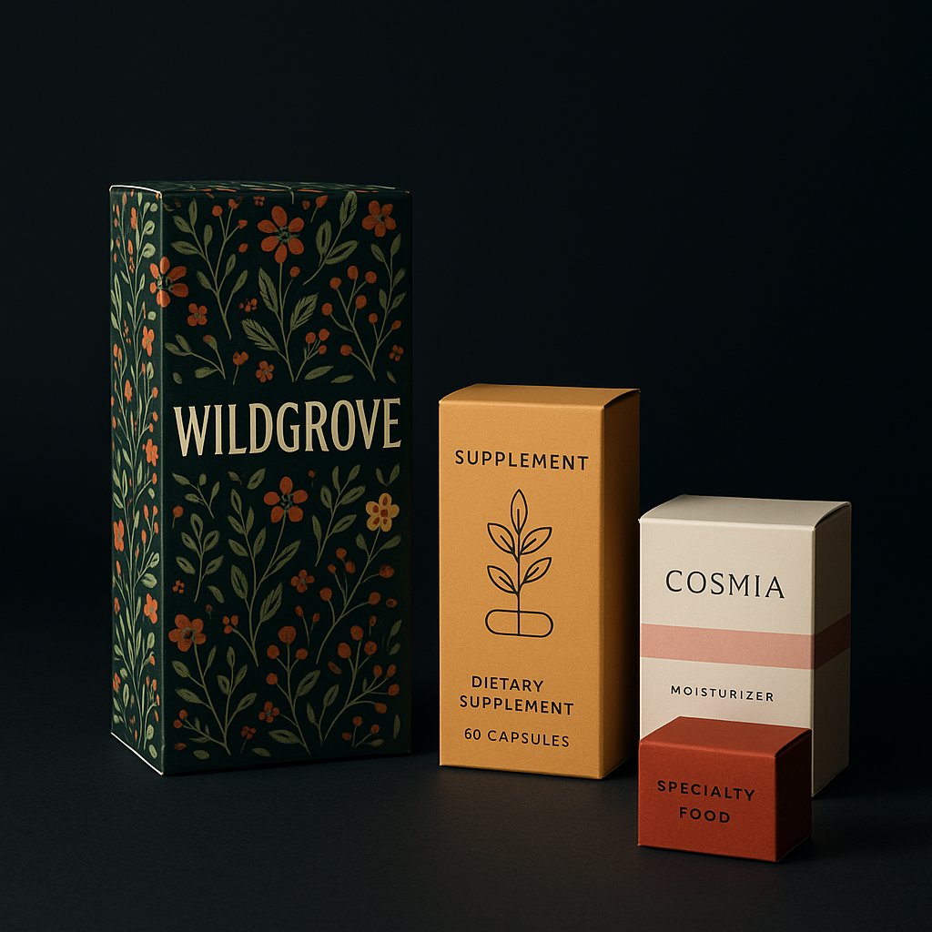 Assorted printed folding cartons for tea, cosmetics, and supplements grouped on a studio surface