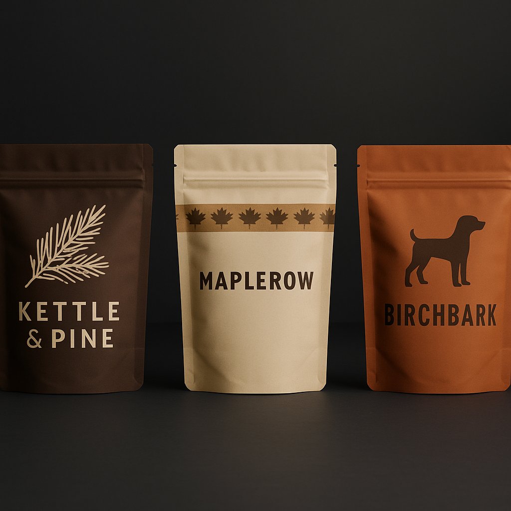 Three printed stand-up pouches for coffee, granola, and pet treats standing side by side