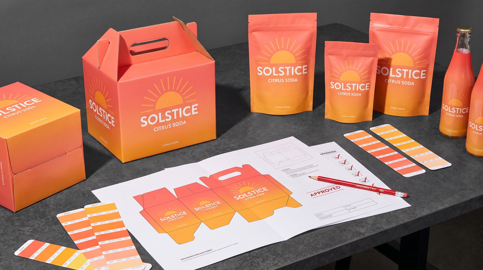 Packaging prototypes for a fictional beverage brand under design review: printed carton, stand-up pouches, and sleeved bottles with dieline proof sheet