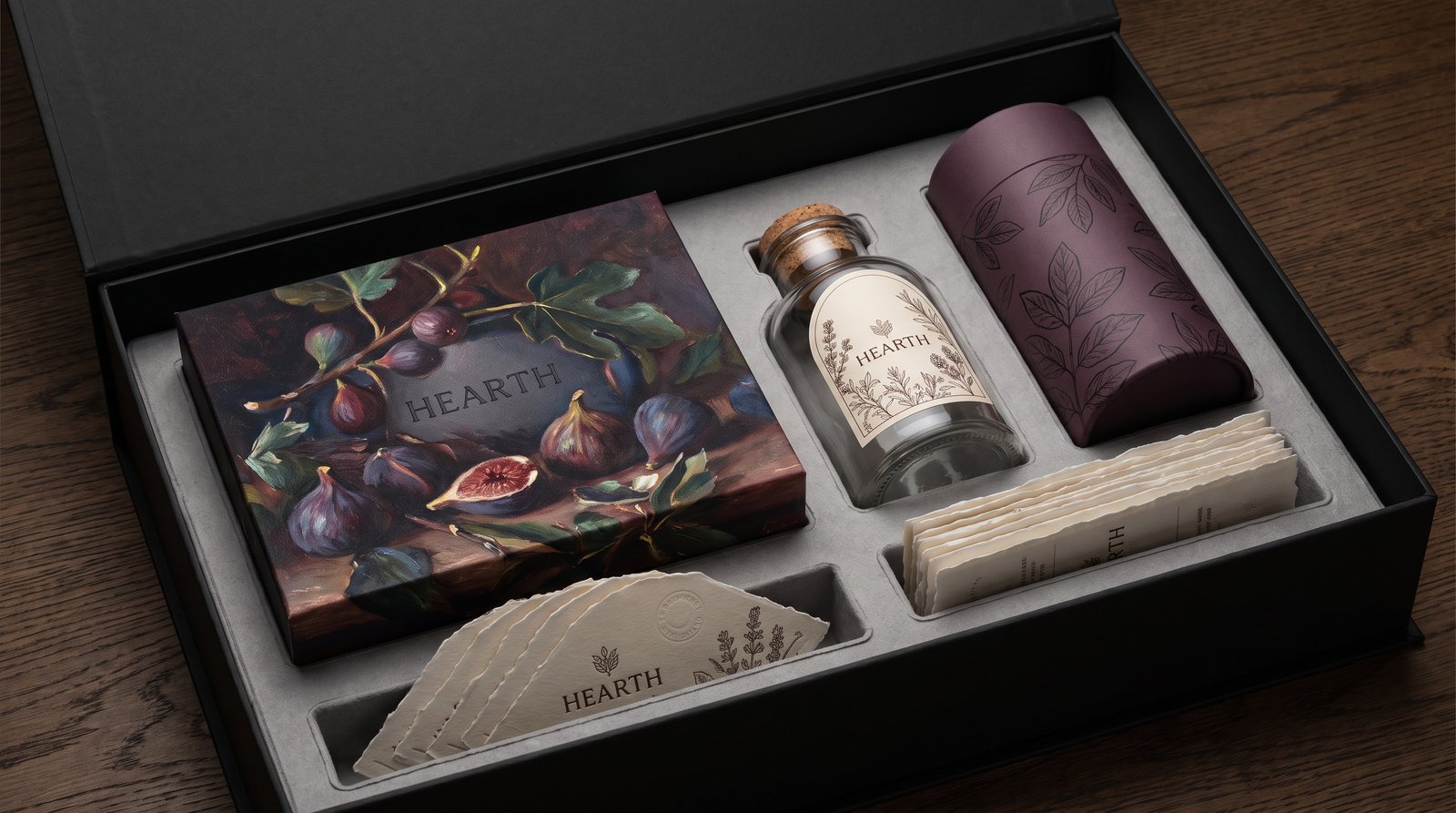 High-end packaging prototype sales kit in a presentation case: painterly rigid box, apothecary jar label, and patterned tube carton for a fictional pantry brand