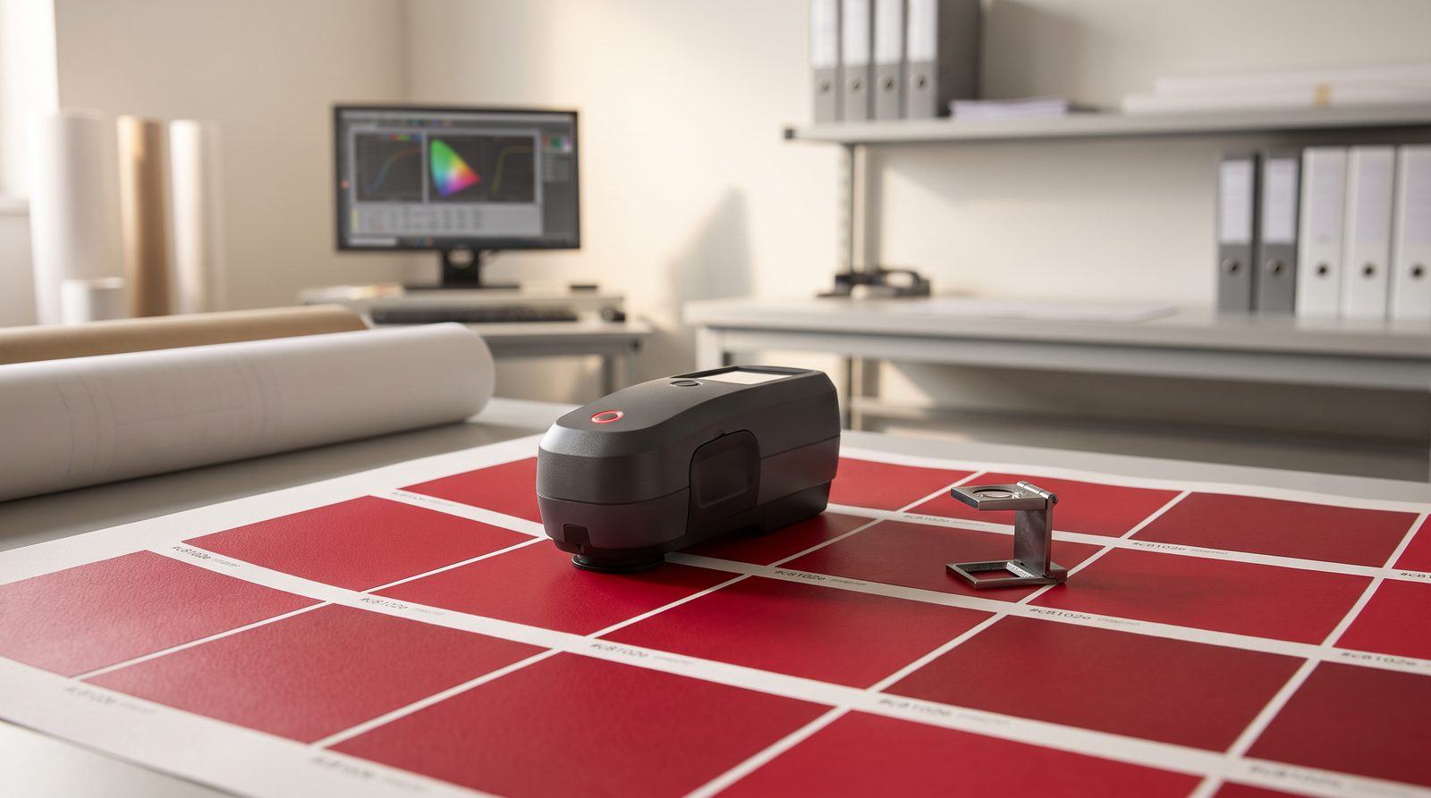 Spectrophotometer measuring red ink swatches on a short-run packaging press sheet