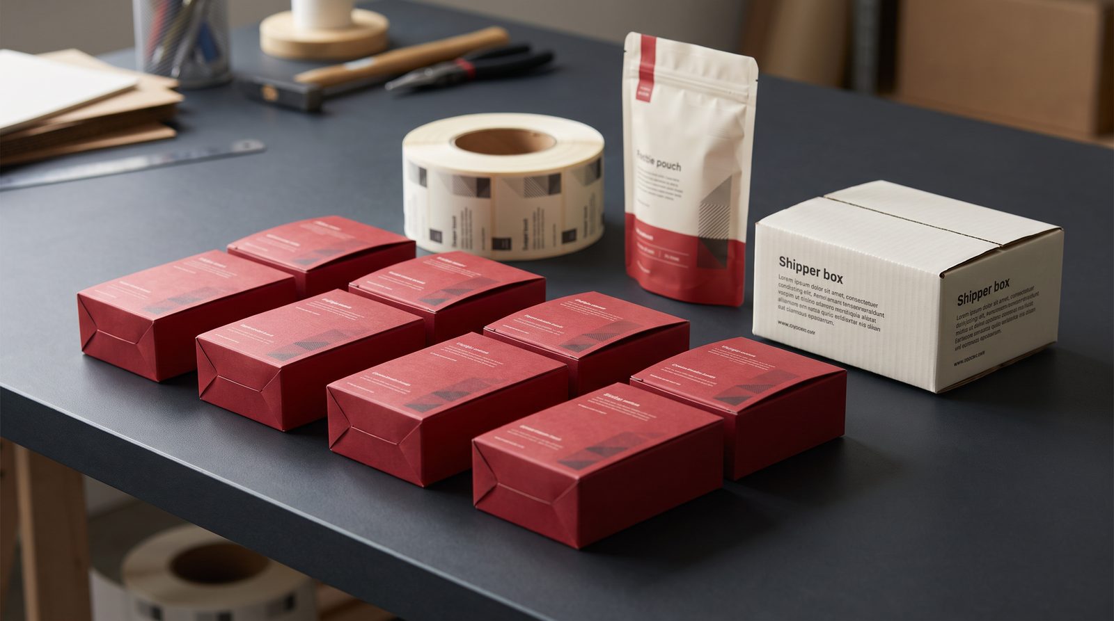 Short-run packaging formats on a worktable: folding cartons, printed label roll, stand-up pouch, and corrugated shipper box