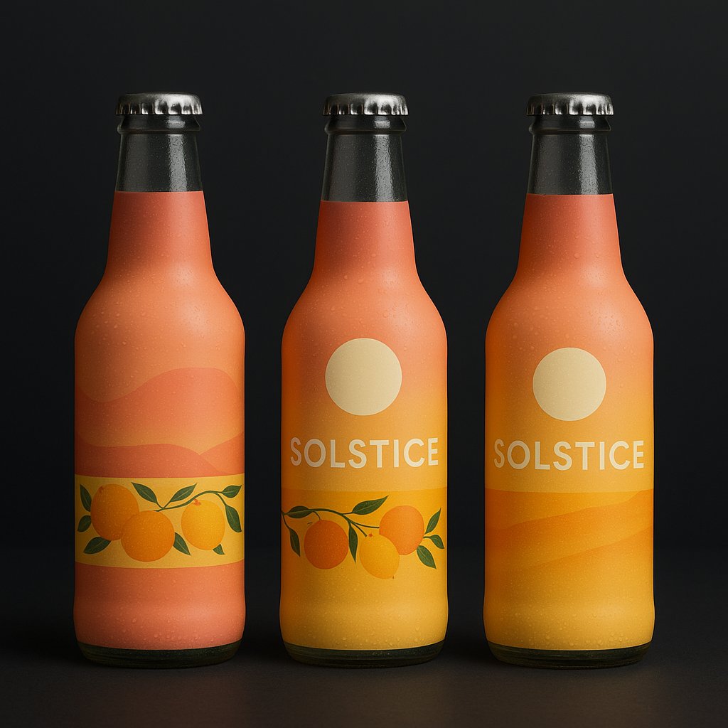 Row of beverage bottles wearing full-body printed shrink sleeve labels