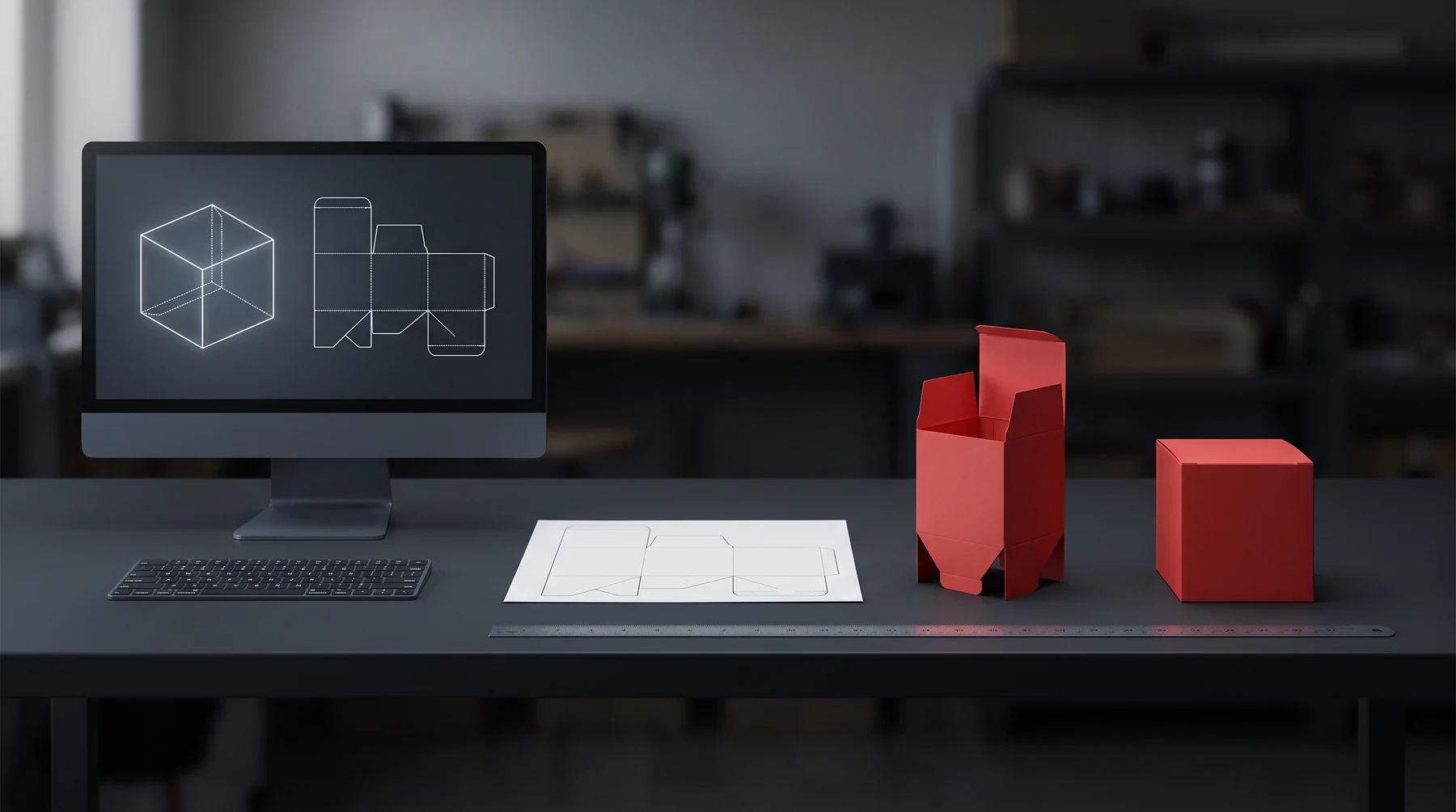 A packaging prototyping workbench: a dieline on screen, a printed dieline sheet, a half-folded carton and the finished carton