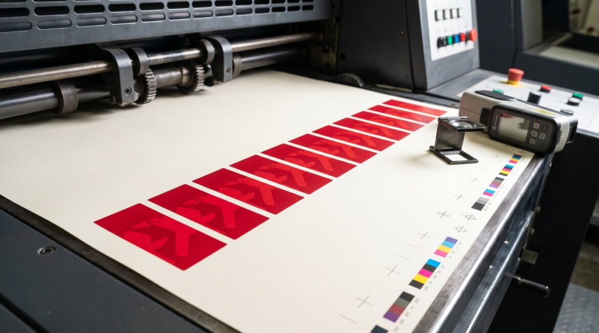 Printed press sheet with color control bars and Pantone swatches on a printing press
