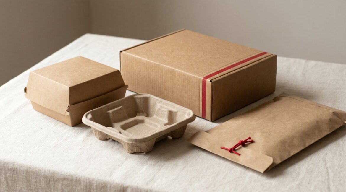 Kraft paper, corrugated, and molded-pulp packaging arranged on a workbench