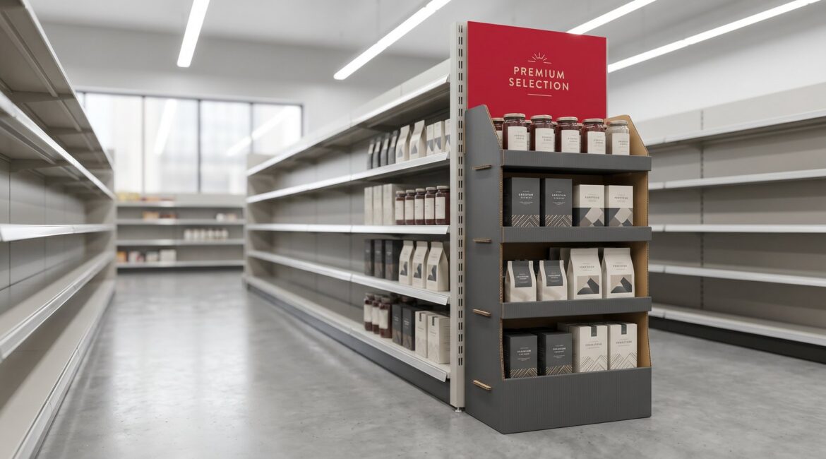 Corrugated point-of-purchase endcap display with a red header in a retail aisle