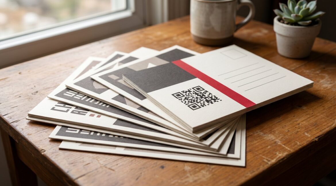 Fanned stack of printed direct mail postcards with QR codes