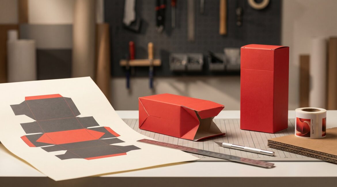Folding carton packaging prototype progressing from printed dieline to finished carton on a prototyping workbench