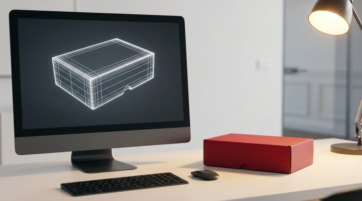 Digital 3D box render on a monitor next to the same box as a real printed physical prototype