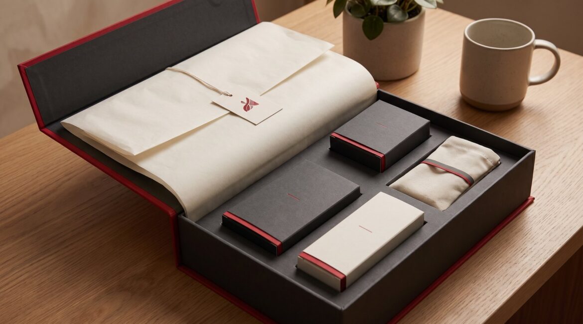 Opened premium influencer kit box with tissue paper and product packaging nested in a fitted insert