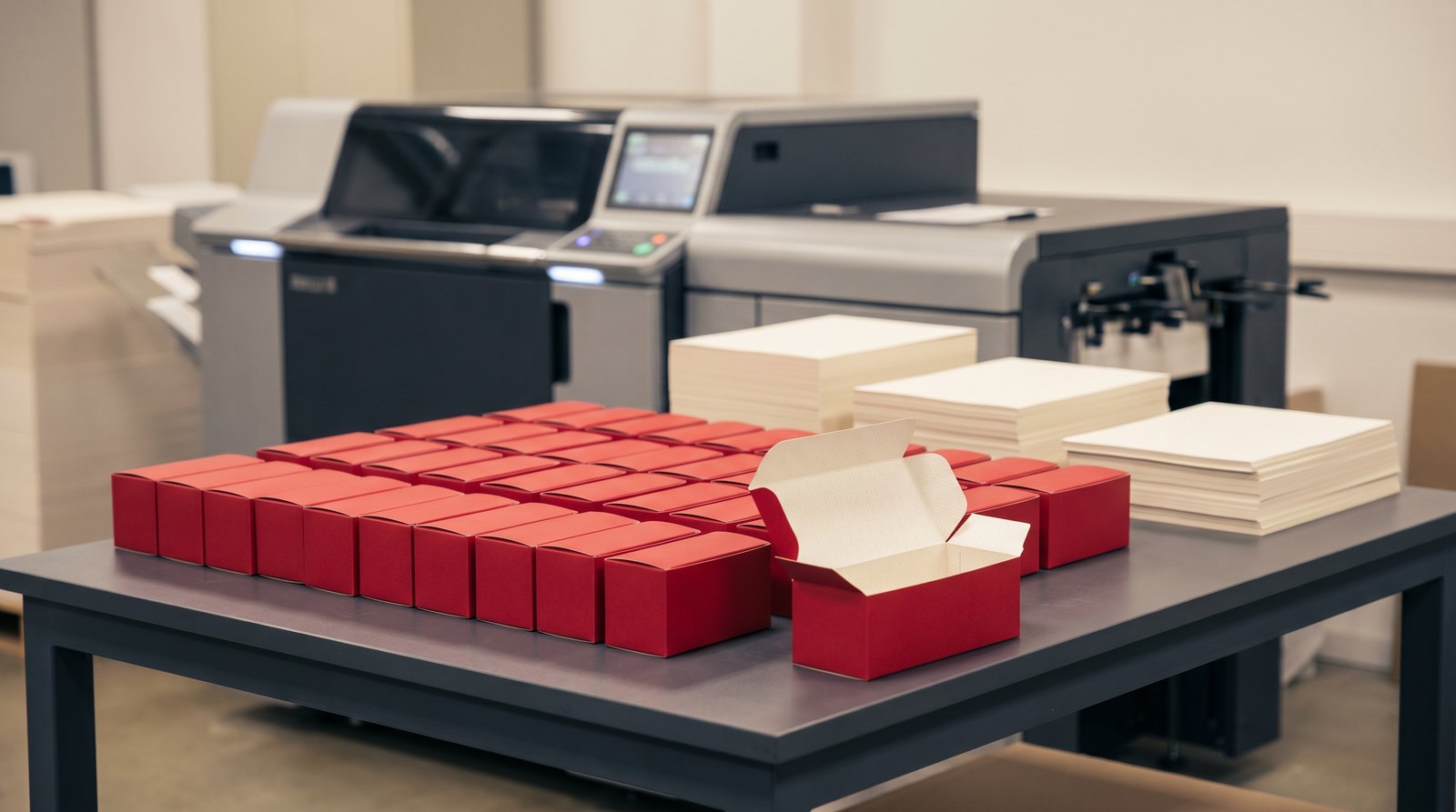 Short run of identical red folding cartons in neat rows on a worktable beside a digital press