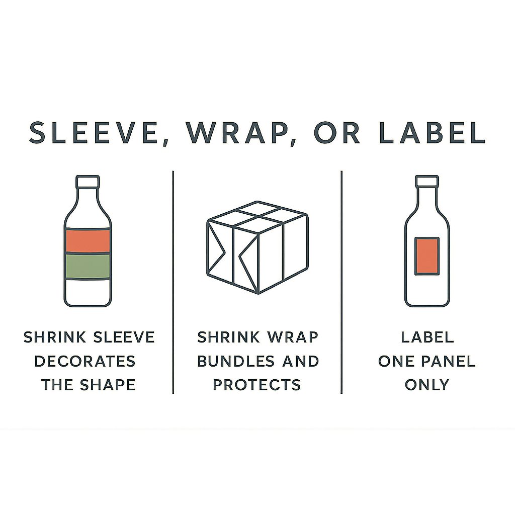Chart comparing shrink sleeve, shrink wrap and pressure-sensitive label