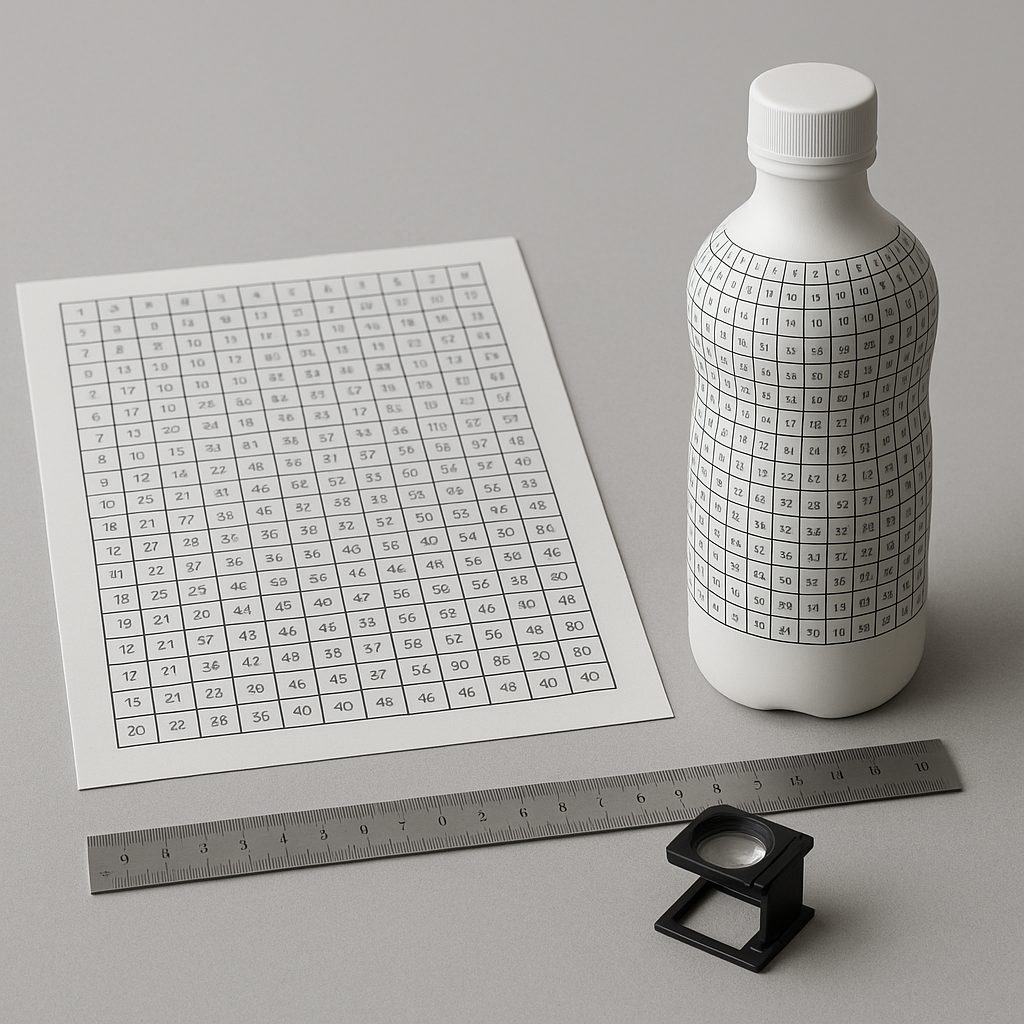 Printed distortion grid sleeve shrunk onto a contoured bottle beside the flat sheet