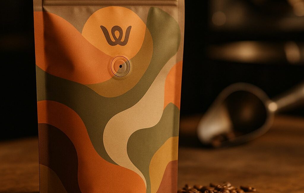 Printed stand-up coffee pouch with a one-way degassing valve on a roastery counter