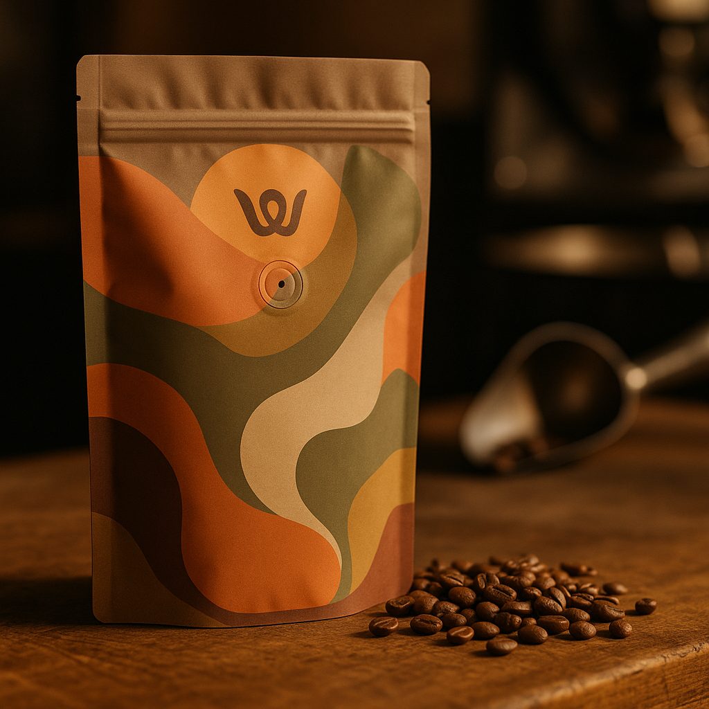 Printed stand-up coffee pouch with a one-way degassing valve on a roastery counter