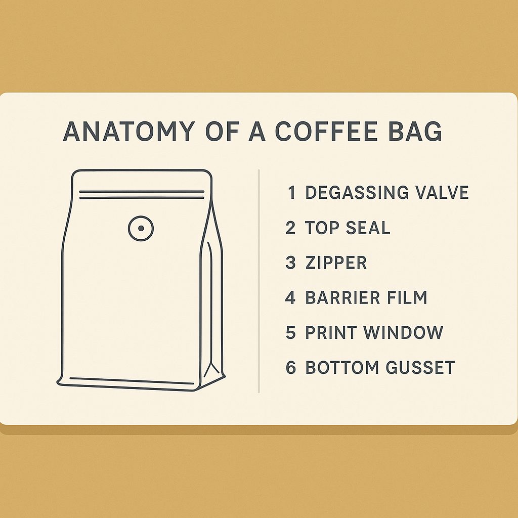 Anatomy of a coffee bag: valve, top seal, zipper, barrier film, window and gusset