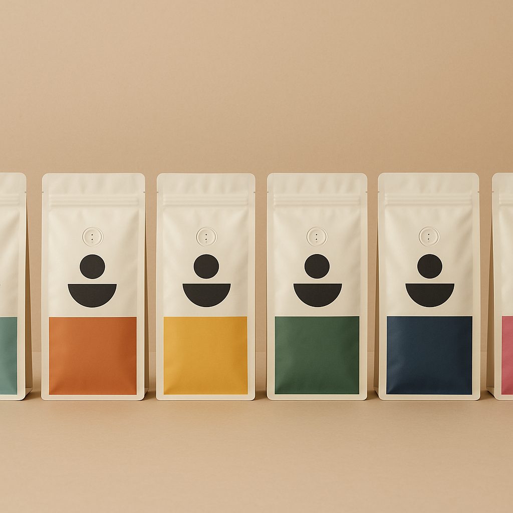 Six single-origin printed coffee pouches sharing one brand system