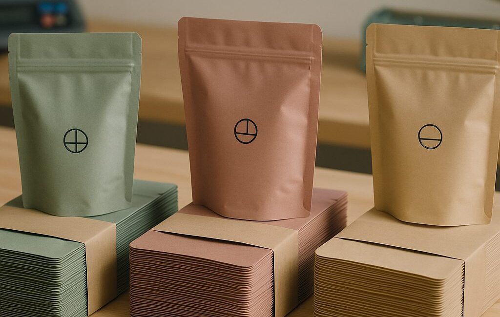 A short production run of printed stand-up pouches banded on a packing table