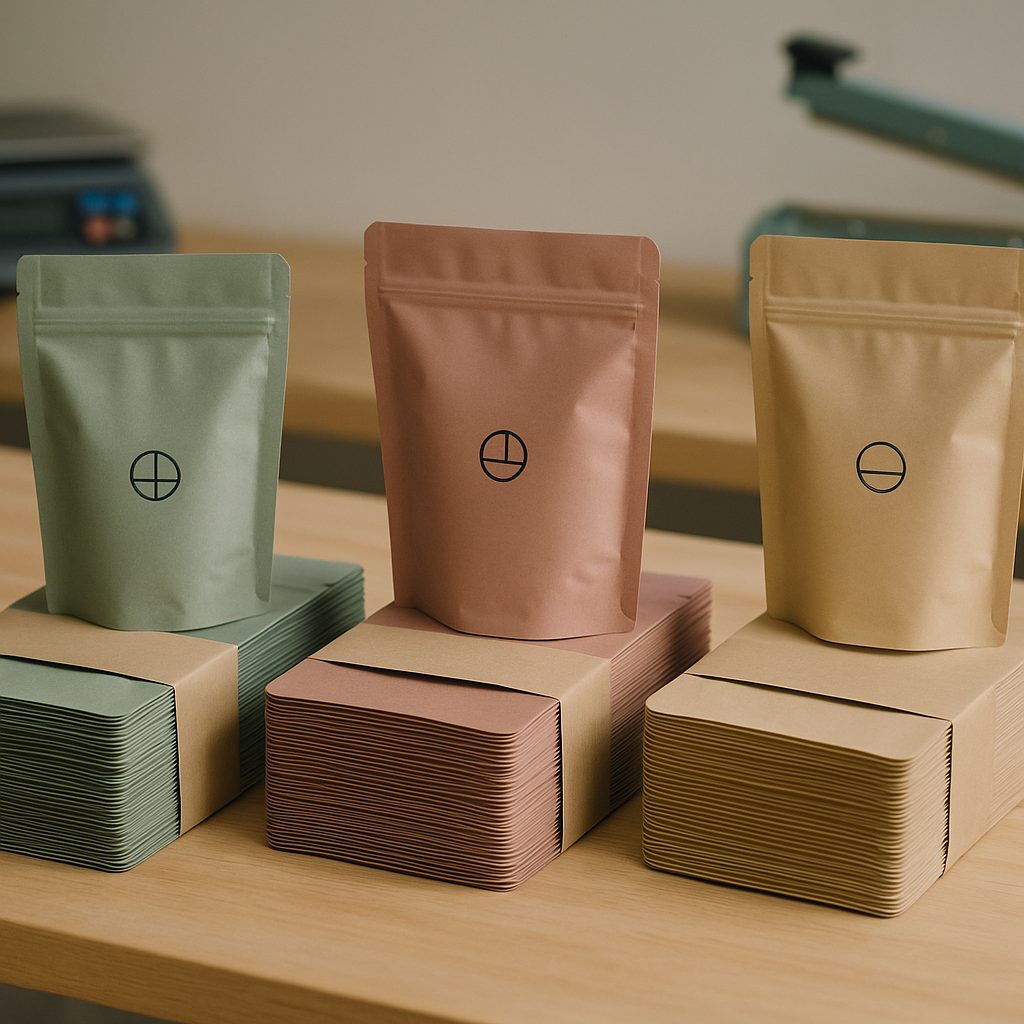 A short production run of printed stand-up pouches banded on a packing table