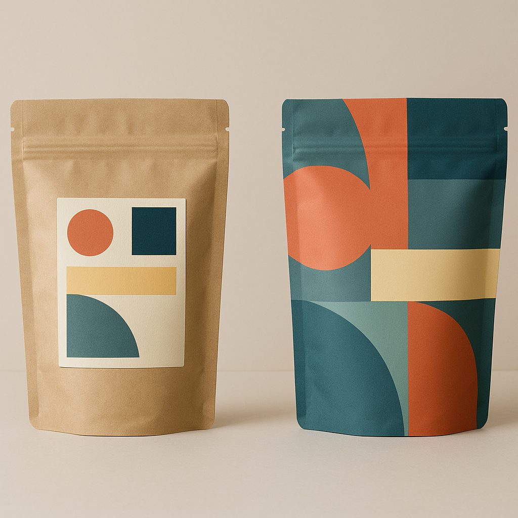 A labelled stock bag beside a fully printed stand-up pouch, shot for comparison
