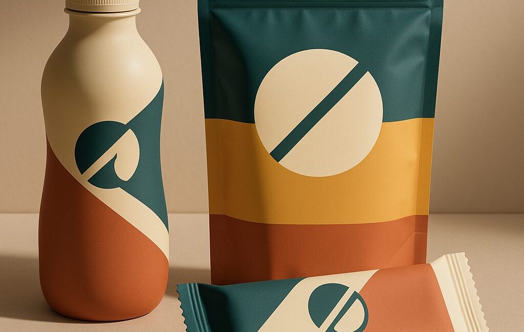 Sleeved bottle, stand-up pouch and flow-wrapped bar sharing one brand system