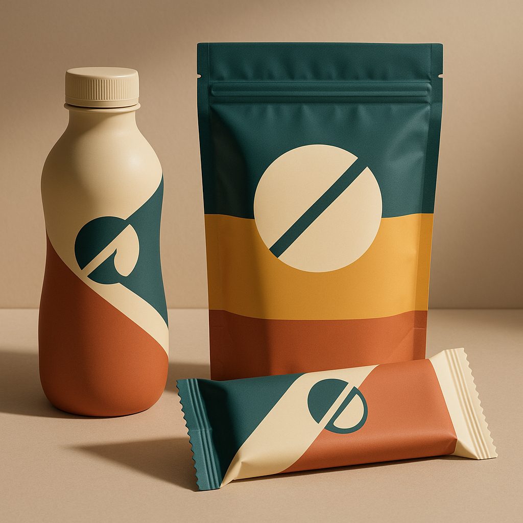 Sleeved bottle, stand-up pouch and flow-wrapped bar sharing one brand system