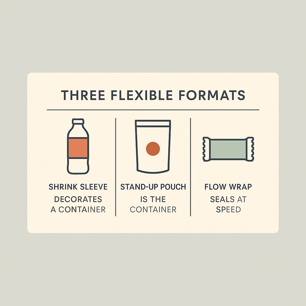 Chart comparing shrink sleeve, stand-up pouch and flow wrap formats