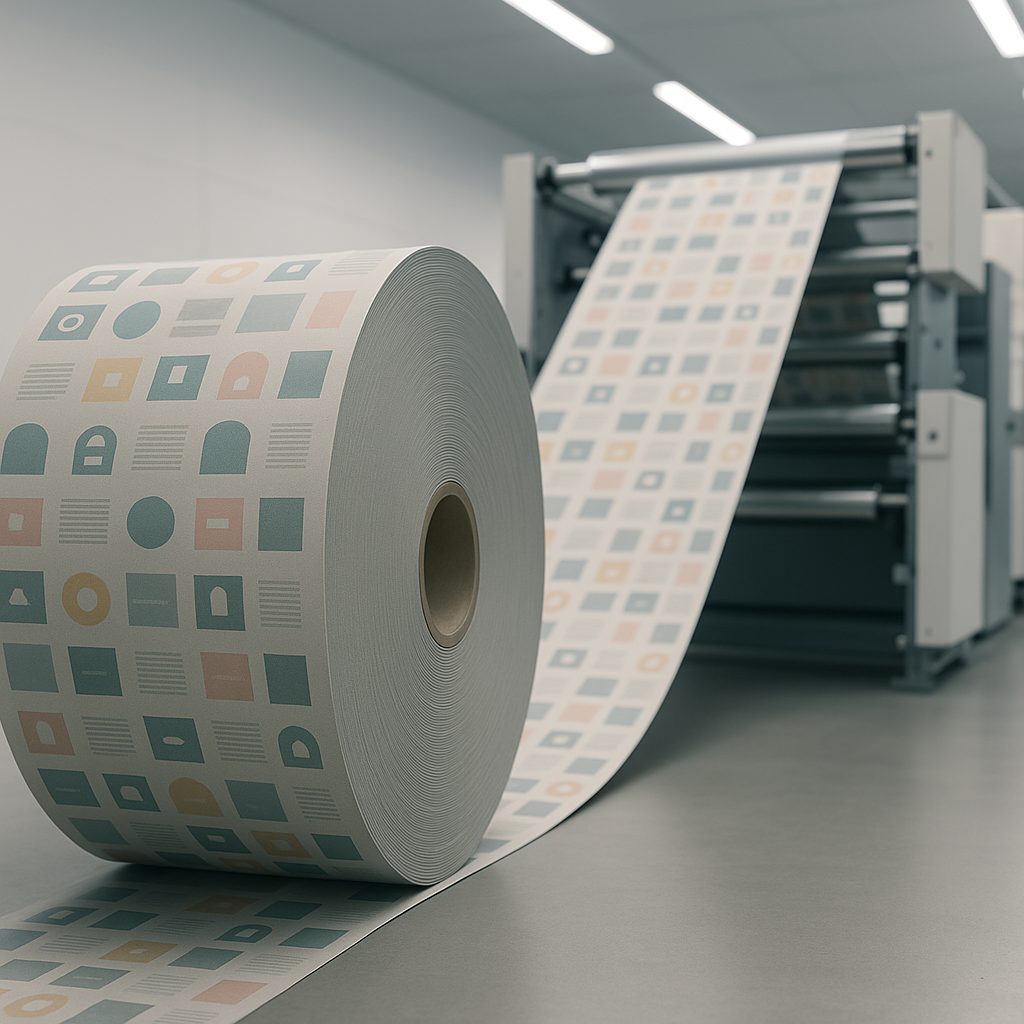 A wide web of printed flexible packaging film running through a press