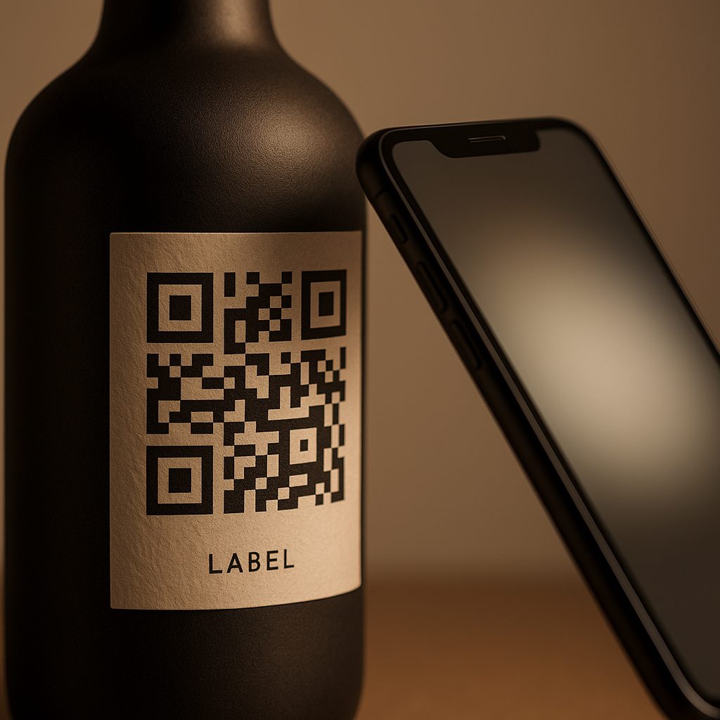Printed QR code on a product label being scanned by a phone