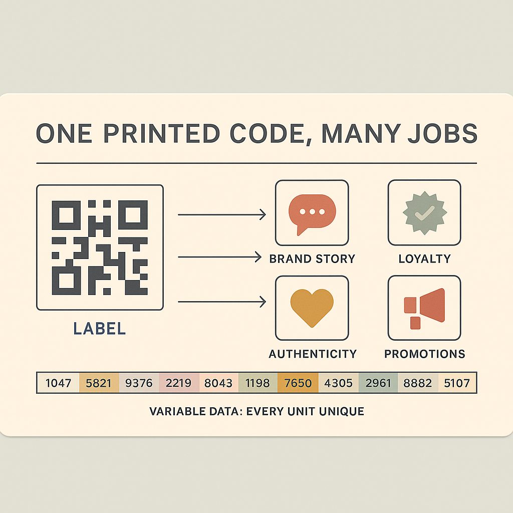 One printed code linking to brand story, loyalty, authenticity and promotions