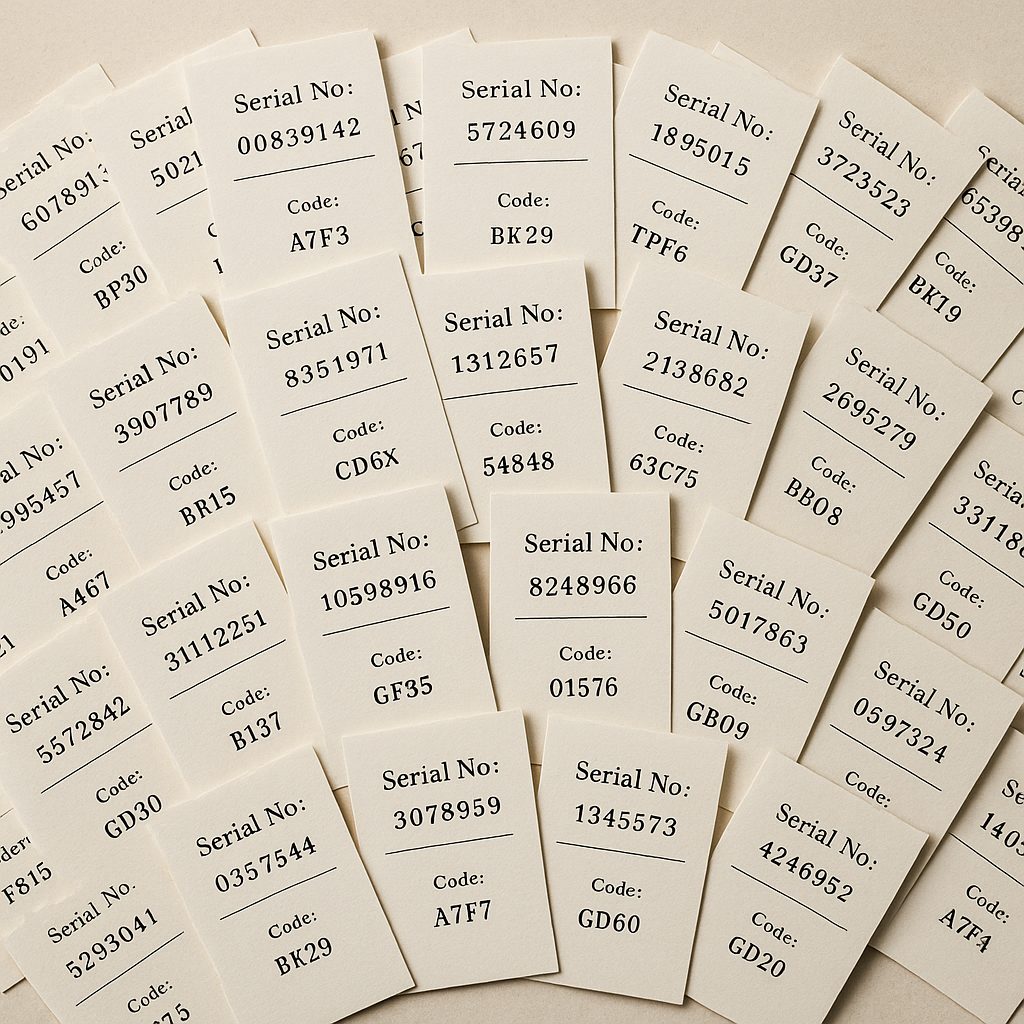 Printed labels fanned out, each carrying a different serial number and code