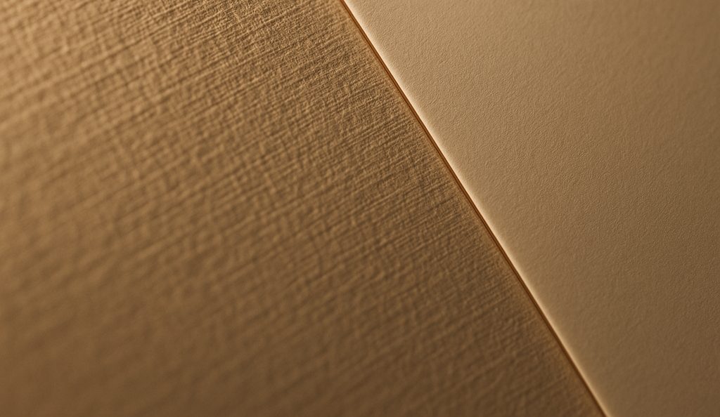 Close-up of textured packaging stock meeting a smooth soft-touch panel