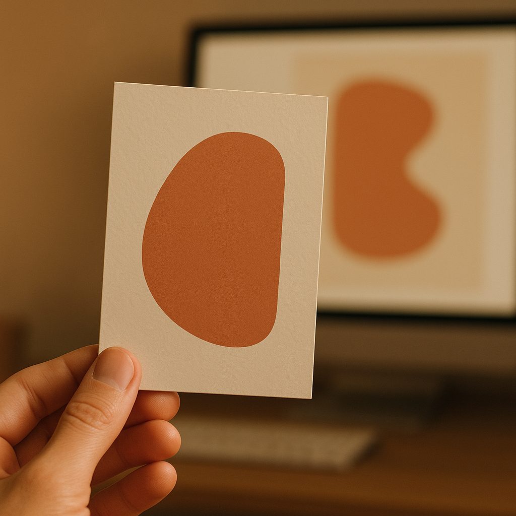 A hand holding a printed package in front of the same design on a screen