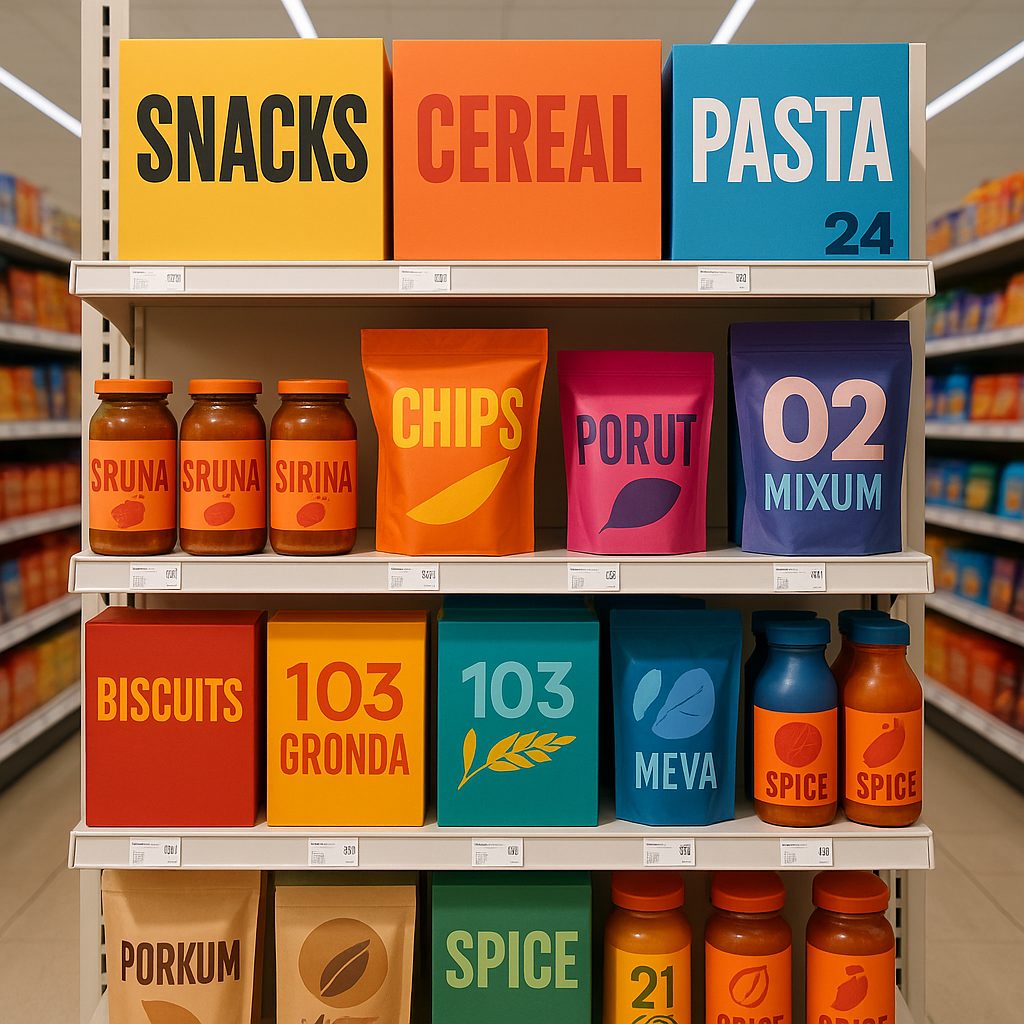 Bold colour-blocked consumer packaging filling a bright retail shelf