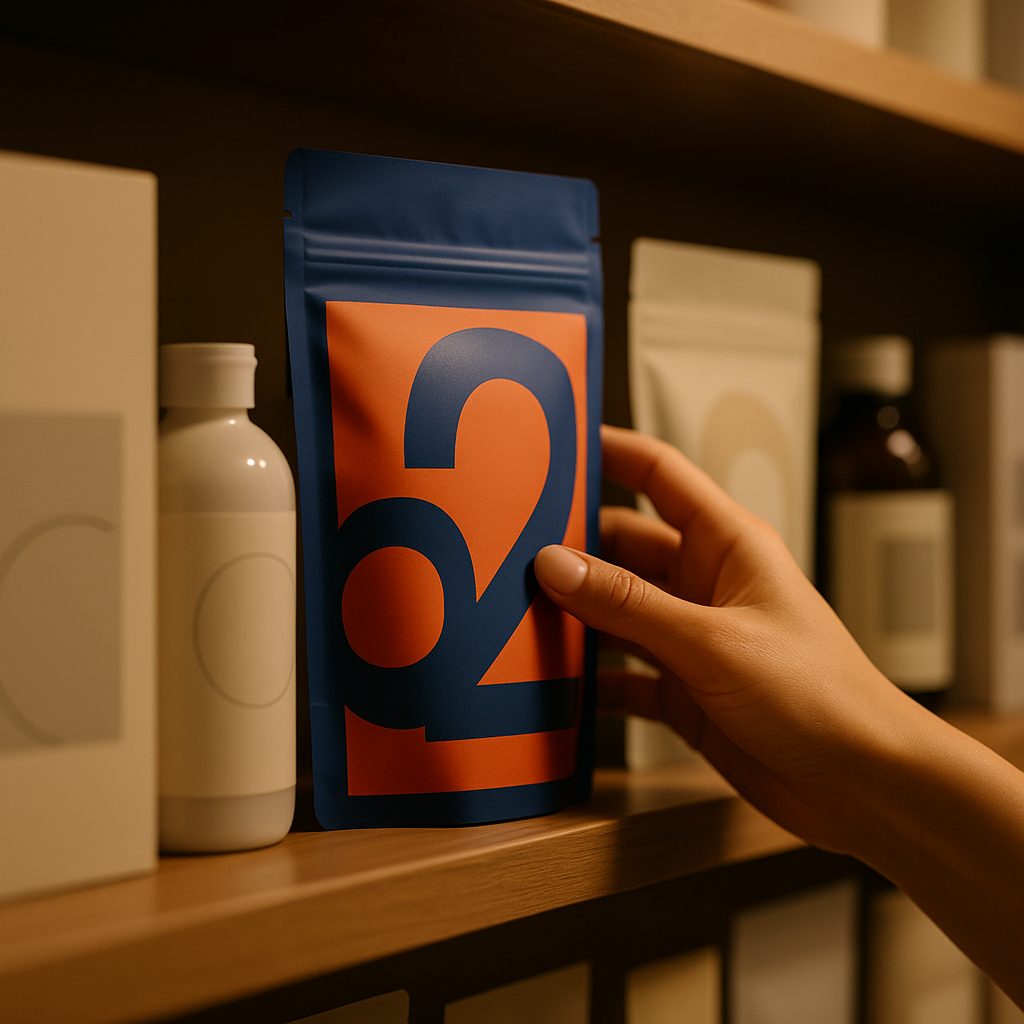 A shopper reaching for the boldest package on a shelf of muted competitors