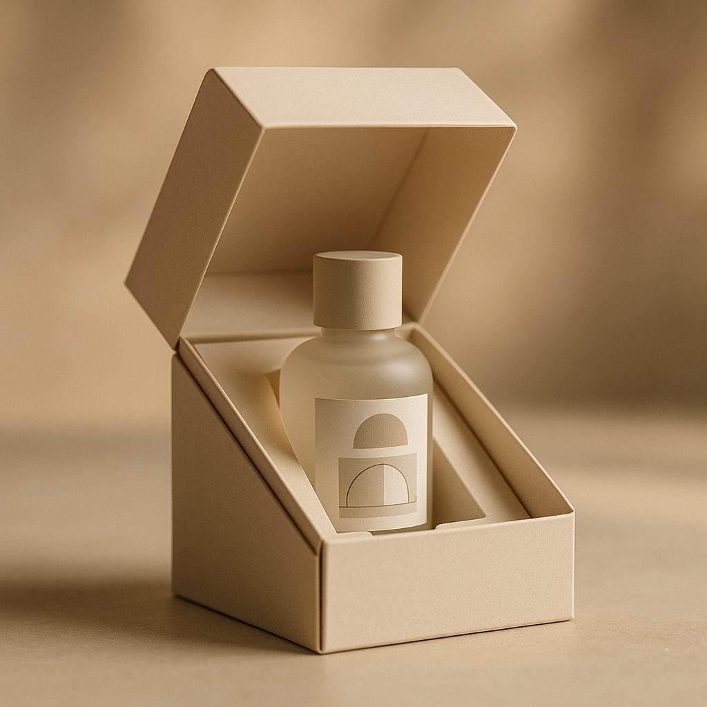 A folding carton opening to reveal a product held in a fitted insert