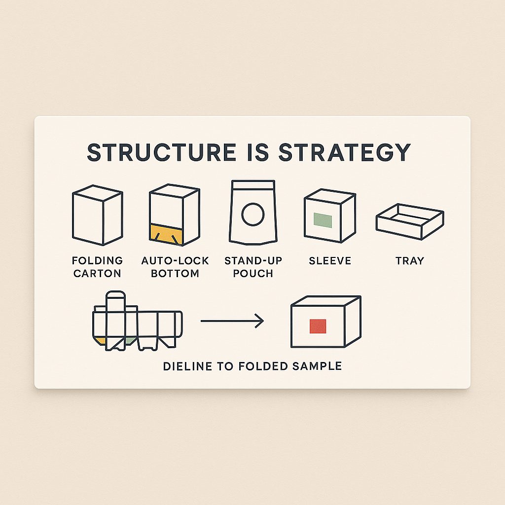 Five structural packaging formats and the path from dieline to folded sample