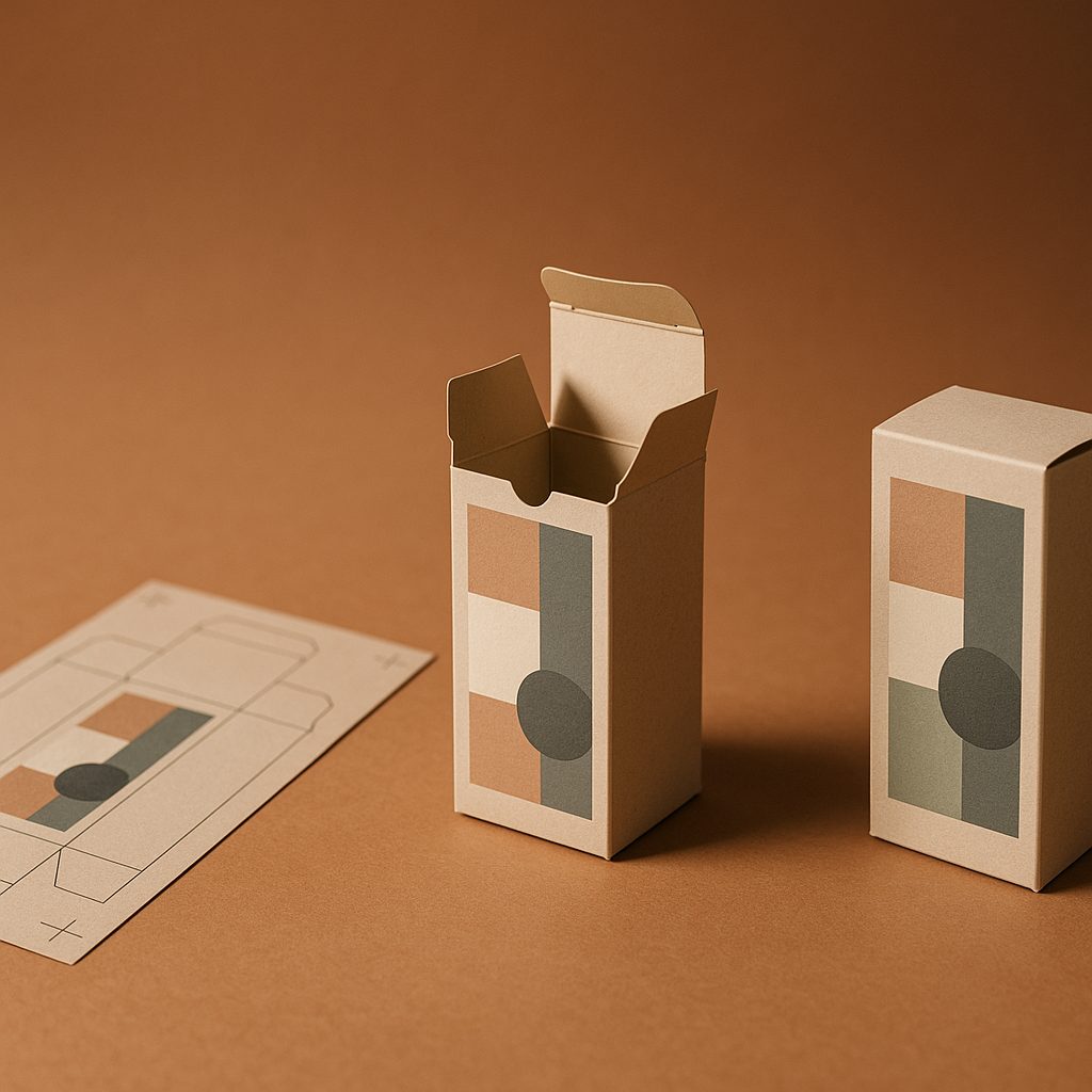 A flat dieline beside the same carton folded up and finished