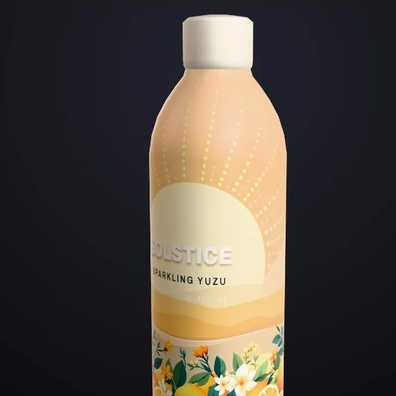 3D rendered bottle model showing a custom shrink sleeve wrapped 360 degrees