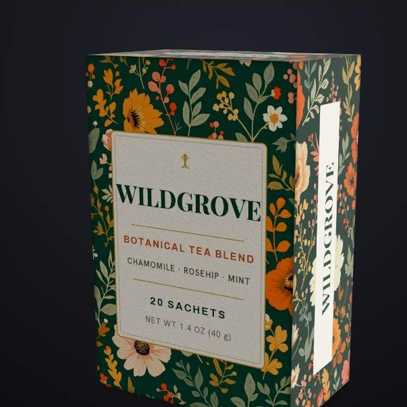 3D rendered model of a straight tuck end tea carton with wraparound artwork