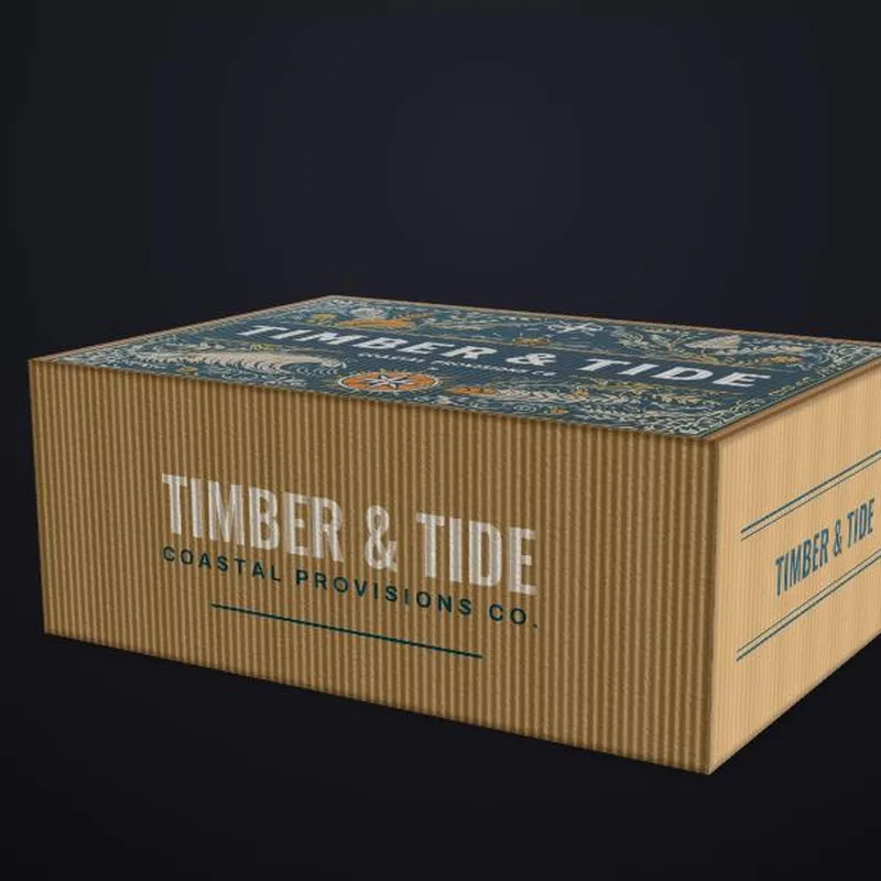 3D rendered model of a custom corrugated retail box showing printed exterior and interior panels